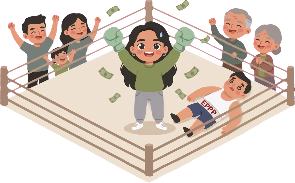 Mara with her arms raised in the ring, the EPPP flat on the canvas, her family cheering outside the ropes