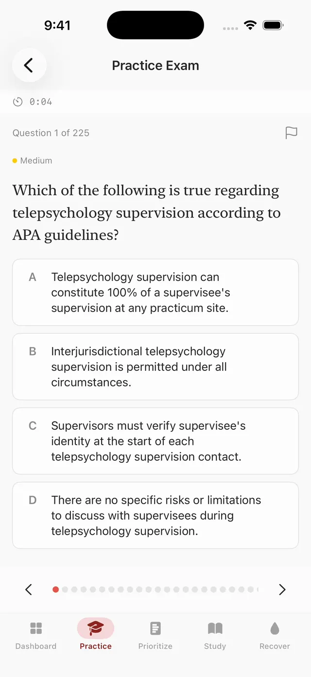 The thePsychology.ai iPhone app showing question 1 of 225 of a practice exam