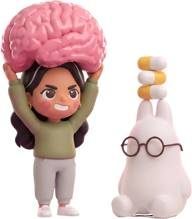 Maya holds up a pink brain model while the bunny balances pill capsules on its head