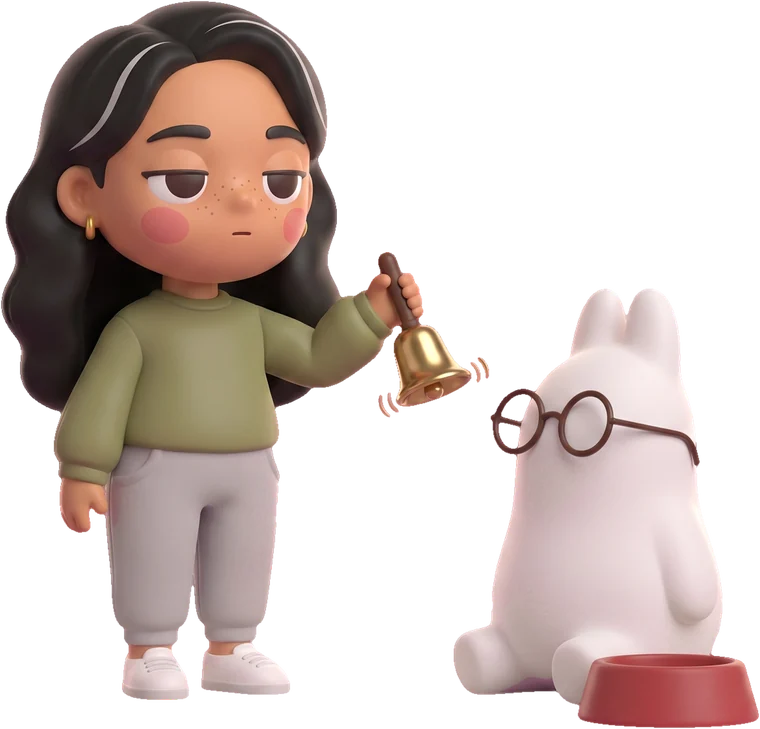 Maya rings a bell while the bunny sits up next to an empty food bowl