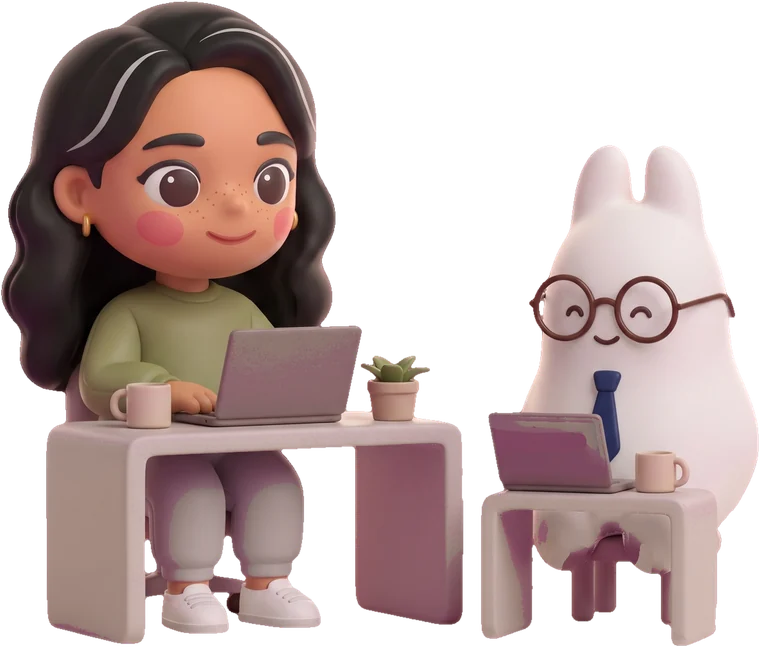 Maya at an office desk beside the bunny at a tiny desk wearing a necktie