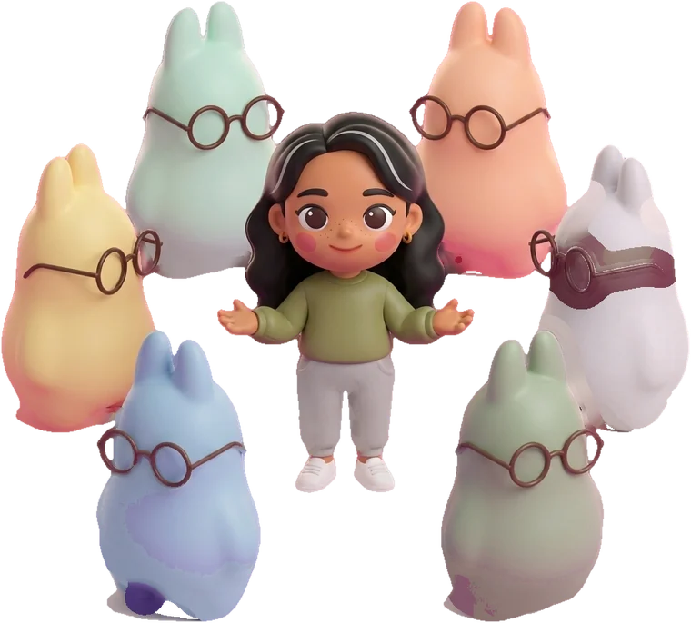 Maya stands in a circle of bunnies in different pastel colours