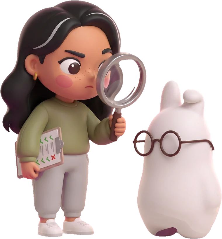 Maya inspects the bunny through a magnifying glass with a checklist in hand
