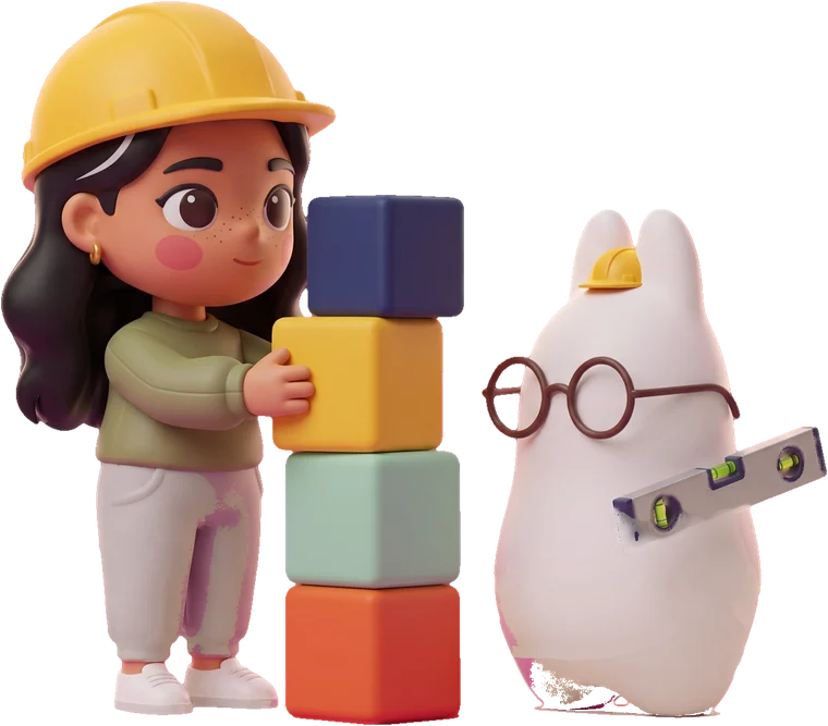 Maya in a hard hat stacks coloured blocks while the bunny holds a level