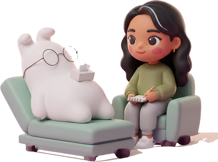 The bunny lies on a couch with a tissue box while Maya listens with a notepad