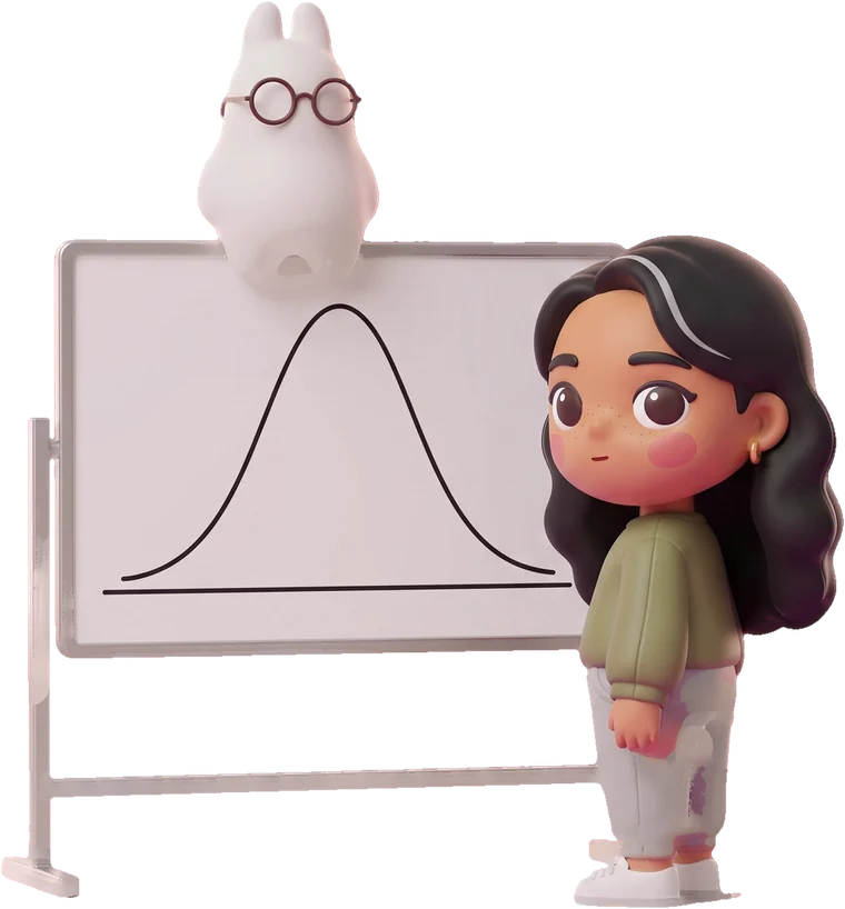 Maya draws a bell curve on a whiteboard while the bunny sits above the peak