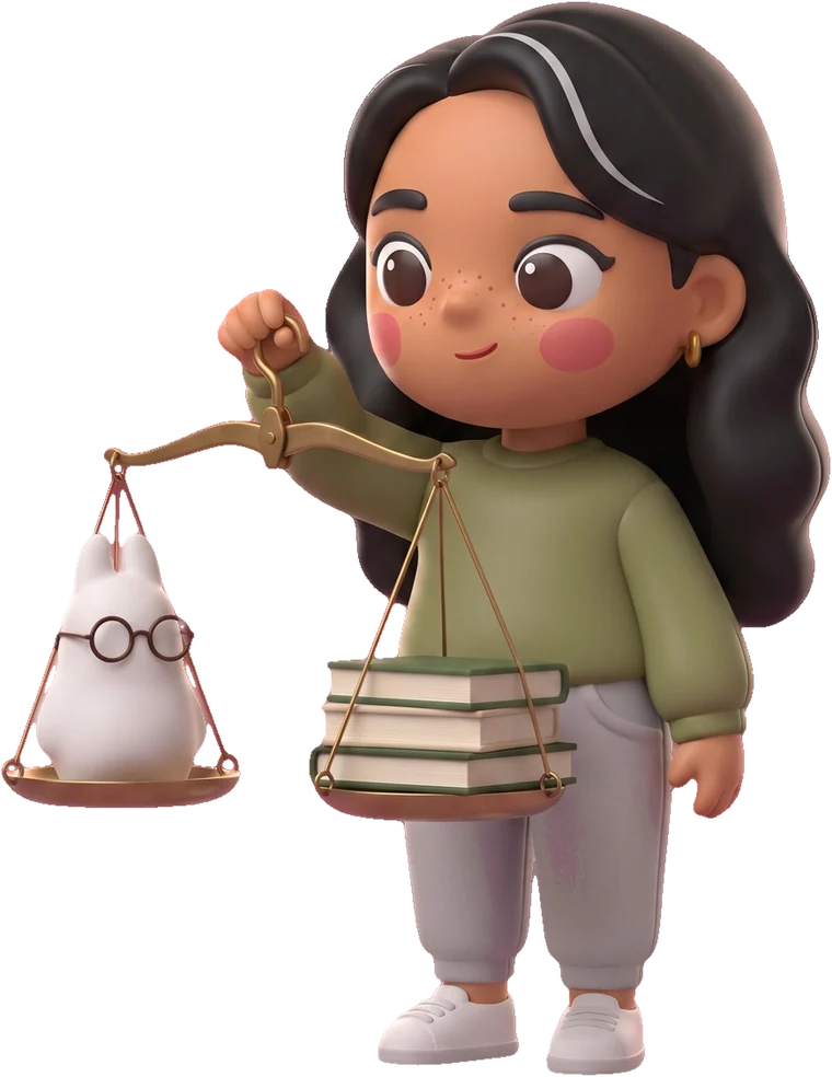 Maya holds a balance scale with the bunny in one pan and books in the other