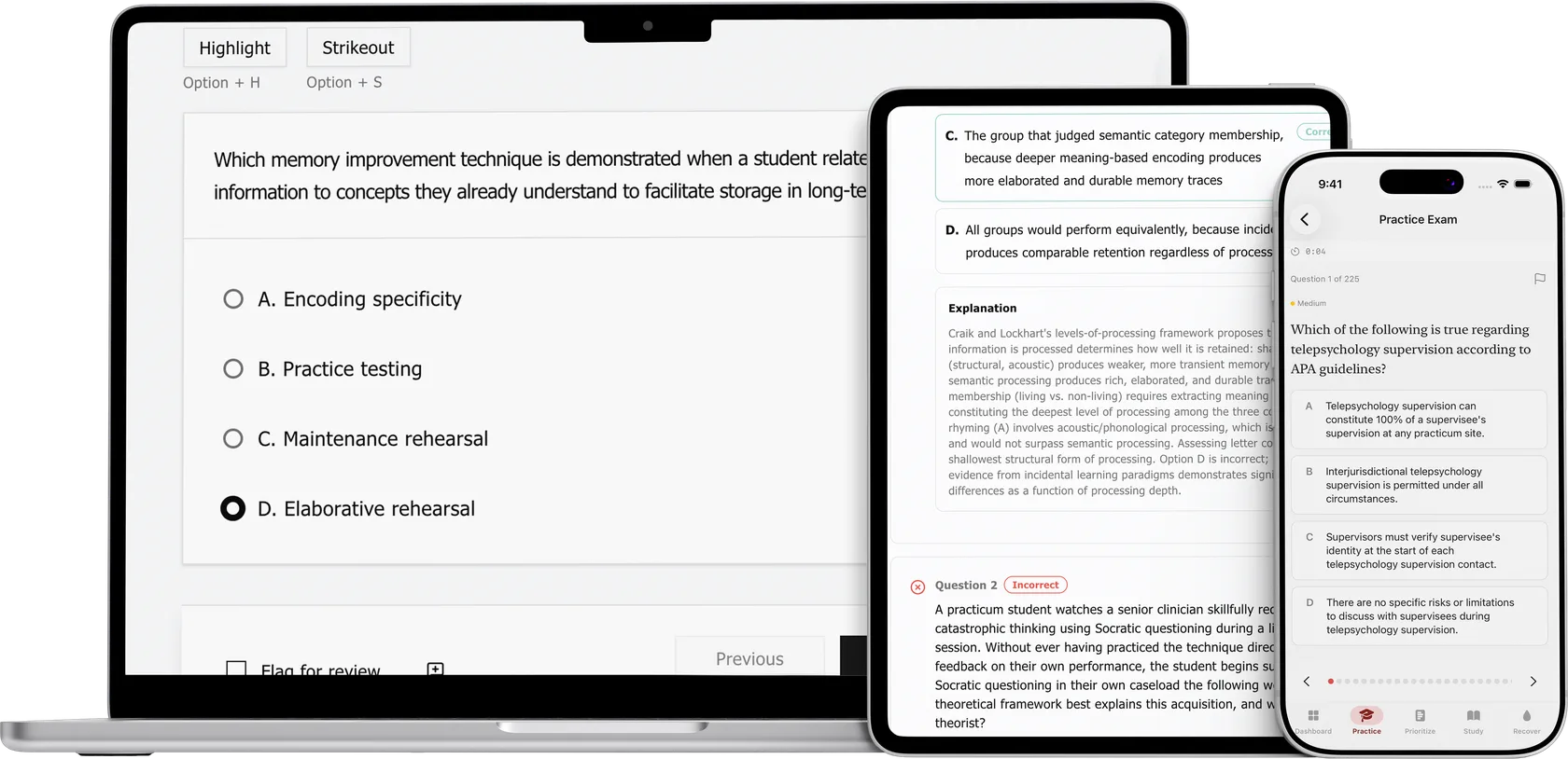 The same account on a MacBook, an iPad and the iPhone app, each showing a practice question